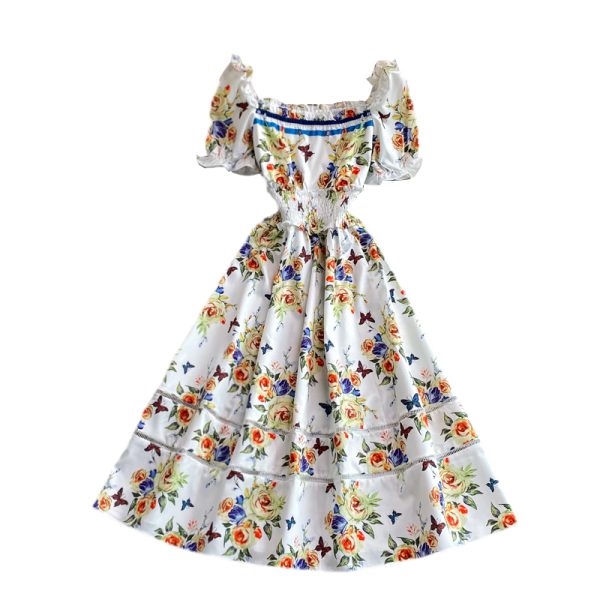 Summer New Elegant Socialite Bubble Sleeve Tight Waist A- line Skirt Mid-Length Square Collar Floral Dress Short Sleeve - Image 6