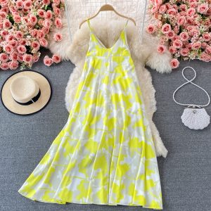 V-neck Printing Slip Dress Women ‘S Summer Loose Belly-Covering Seaside Holiday Beach Skirt Over The Knee Swing Long Dress