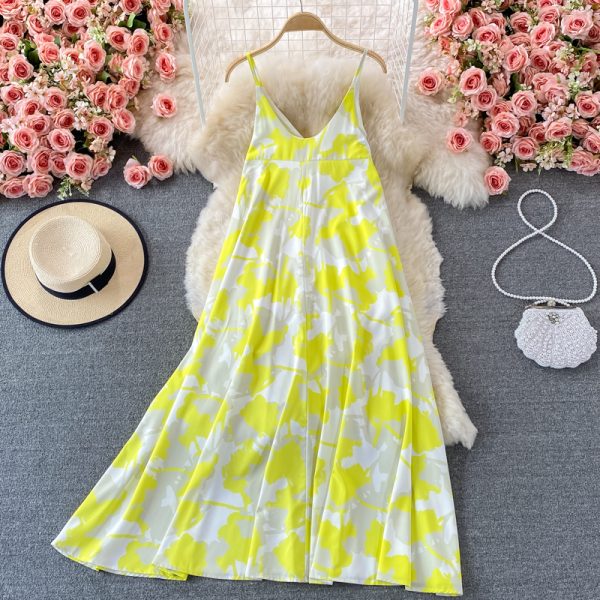 V-neck Printing Slip Dress Women ‘S Summer Loose Belly-Covering Seaside Holiday Beach Skirt Over The Knee Swing Long Dress