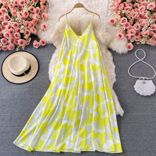V-neck Printing Slip Dress Women ‘S Summer Loose Belly-Covering Seaside Holiday Beach Skirt Over The Knee Swing Long Dress - Image 5
