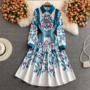spring and autumn European and American printed lapel dress, long-sleeved waist and thin, fairy style holiday long skirt dress
