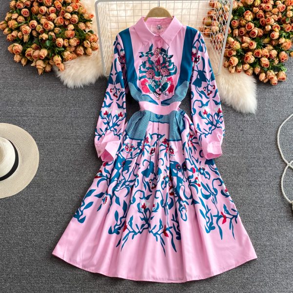 spring and autumn European and American printed lapel dress, long-sleeved waist and thin, fairy style holiday long skirt dress - Image 3