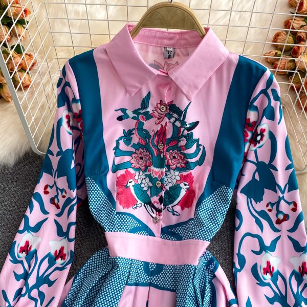 spring and autumn European and American printed lapel dress, long-sleeved waist and thin, fairy style holiday long skirt dress - Image 4