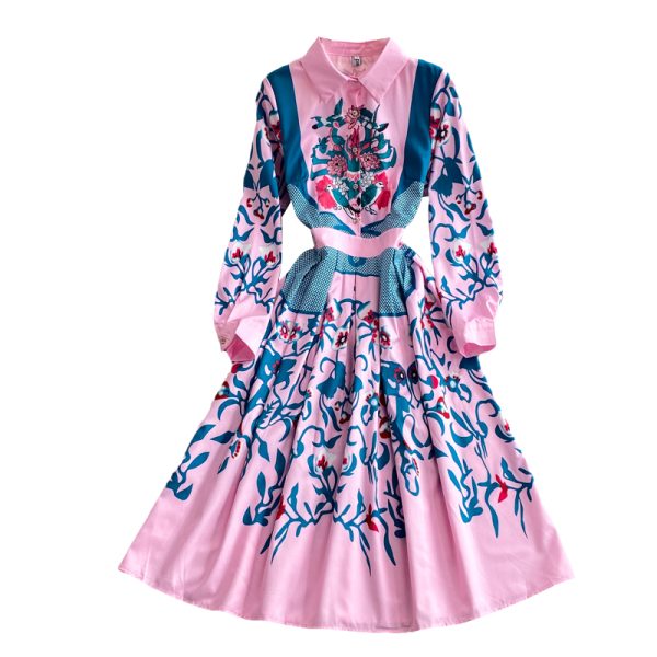 spring and autumn European and American printed lapel dress, long-sleeved waist and thin, fairy style holiday long skirt dress - Image 6
