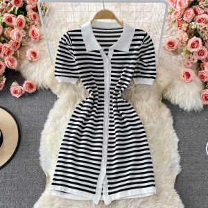 Summer Polo Collar Puff Short Sleeve Single-Breasted Slim-Fit Pullover Mid-Length Vintage Stripe Knitted Dress