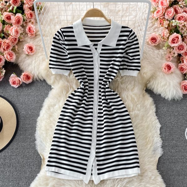 Summer Polo Collar Puff Short Sleeve Single-Breasted Slim-Fit Pullover Mid-Length Vintage Stripe Knitted Dress - Image 2