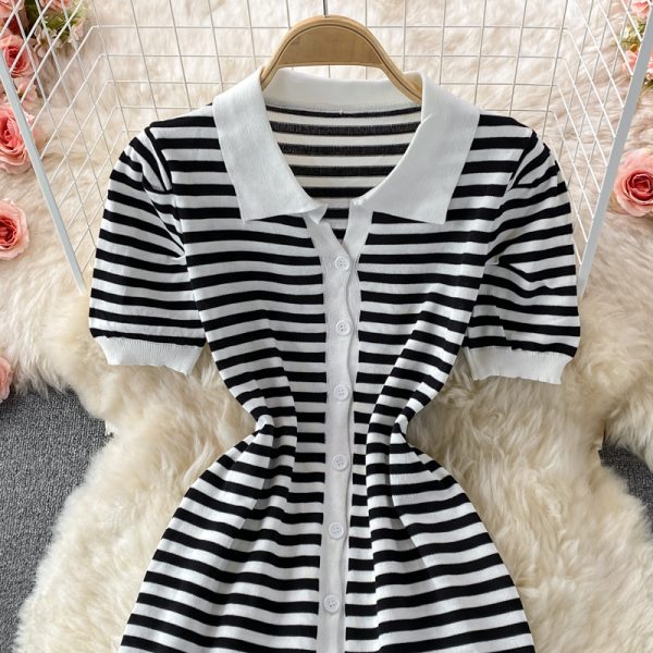 Summer Polo Collar Puff Short Sleeve Single-Breasted Slim-Fit Pullover Mid-Length Vintage Stripe Knitted Dress - Image 3