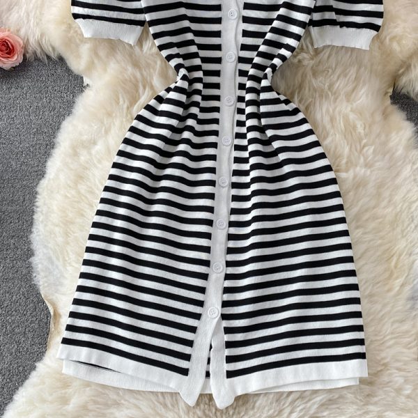 Summer Polo Collar Puff Short Sleeve Single-Breasted Slim-Fit Pullover Mid-Length Vintage Stripe Knitted Dress - Image 4