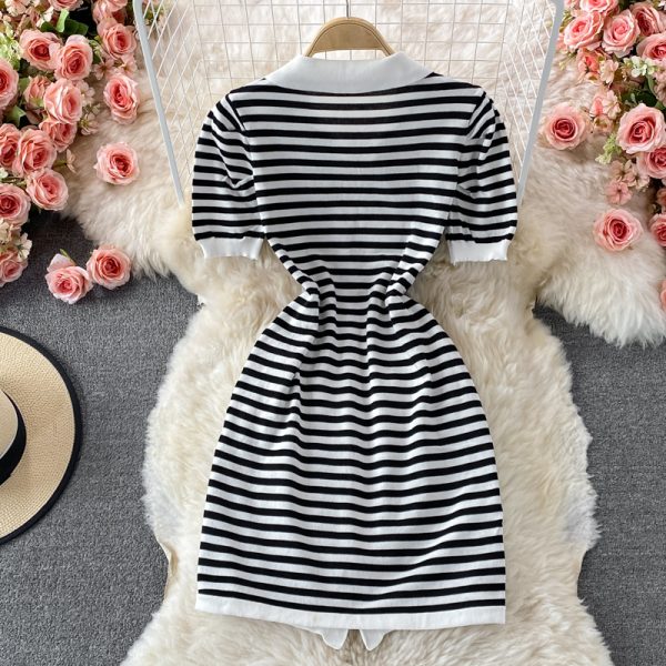 Summer Polo Collar Puff Short Sleeve Single-Breasted Slim-Fit Pullover Mid-Length Vintage Stripe Knitted Dress - Image 5