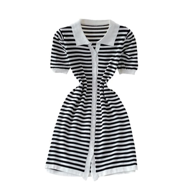 Summer Polo Collar Puff Short Sleeve Single-Breasted Slim-Fit Pullover Mid-Length Vintage Stripe Knitted Dress - Image 6