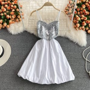 Sequin Stitching Dress for Women Summernew Gentle Small Temperament Waist-Controlled Slimming Slip Dress