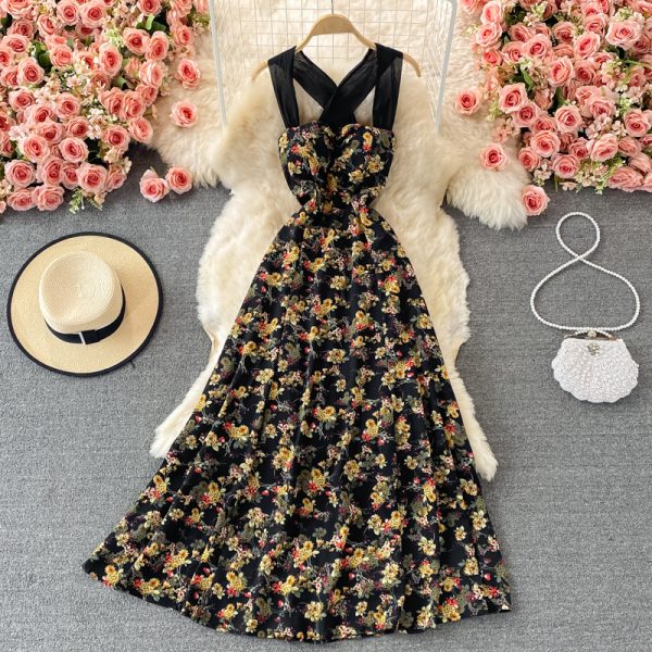 French Style Retro Elegant Backless Floral Strap Dress Super Fairy Thailand Seaside Holiday Beach Dress Tube Top Dress