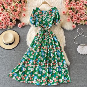 Korean Chic Summer Retro French round Neck Waist Trimming Slimming Lace-up Large Swing Dress Puff Sleeve Floral Dress
