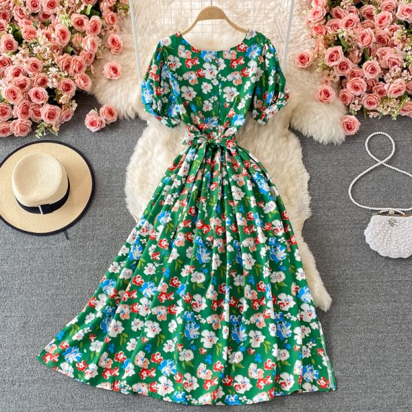Korean Chic Summer Retro French round Neck Waist Trimming Slimming Lace-up Large Swing Dress Puff Sleeve Floral Dress - Image 2