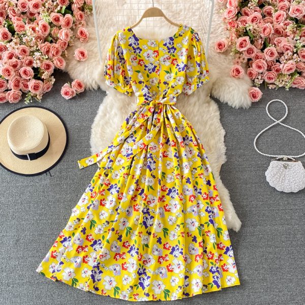 Korean Chic Summer Retro French round Neck Waist Trimming Slimming Lace-up Large Swing Dress Puff Sleeve Floral Dress - Image 3
