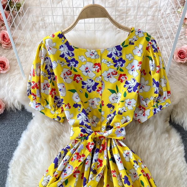 Korean Chic Summer Retro French round Neck Waist Trimming Slimming Lace-up Large Swing Dress Puff Sleeve Floral Dress - Image 4