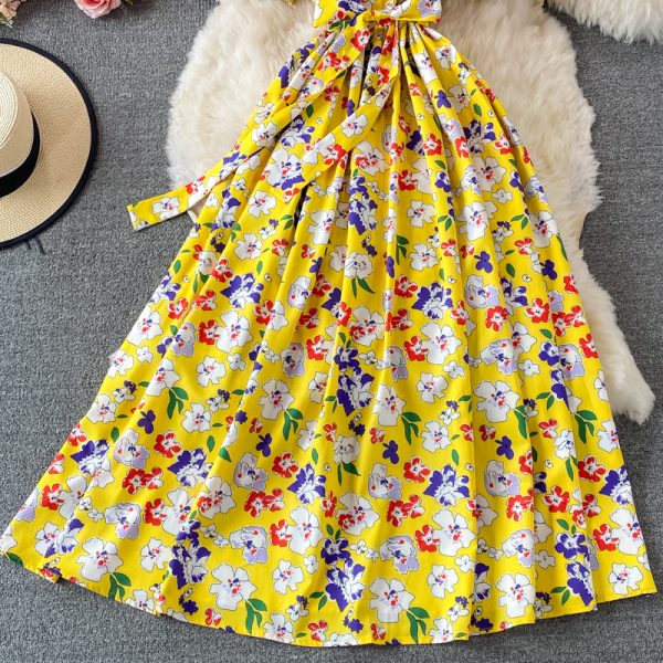 Korean Chic Summer Retro French round Neck Waist Trimming Slimming Lace-up Large Swing Dress Puff Sleeve Floral Dress - Image 5