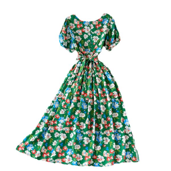 Korean Chic Summer Retro French round Neck Waist Trimming Slimming Lace-up Large Swing Dress Puff Sleeve Floral Dress - Image 6