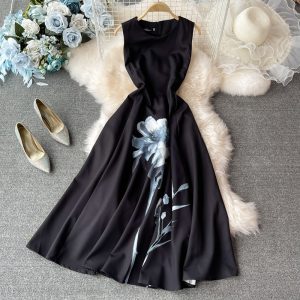 European Stationsummer New French Retro Sleeveless Vest Dress Printed Waist-Controlled Slimming Large Hem Dress