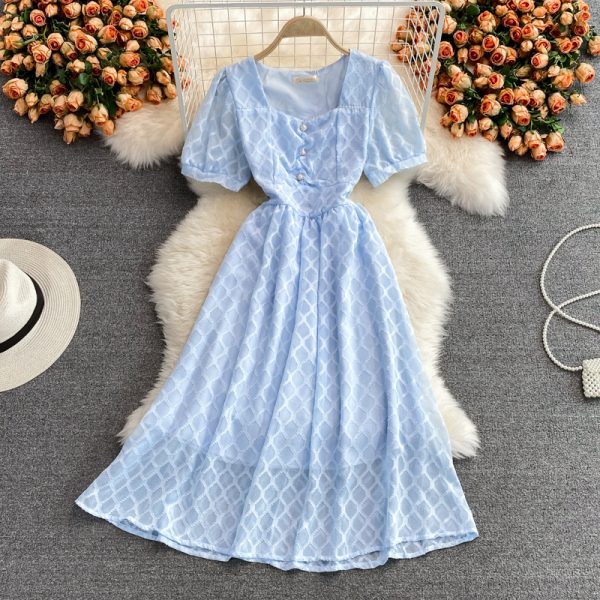 French square neck dress women summer new style European goods temperament waist puff sleeve mid-length skirt short sleeves