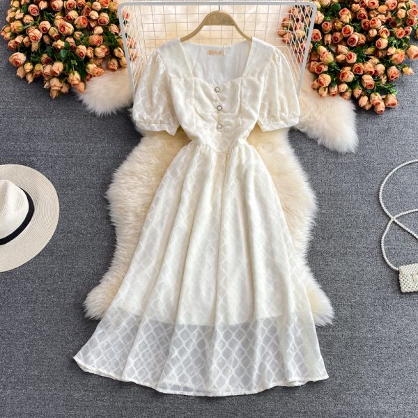 French square neck dress women summer new style European goods temperament waist puff sleeve mid-length skirt short sleeves - Image 4