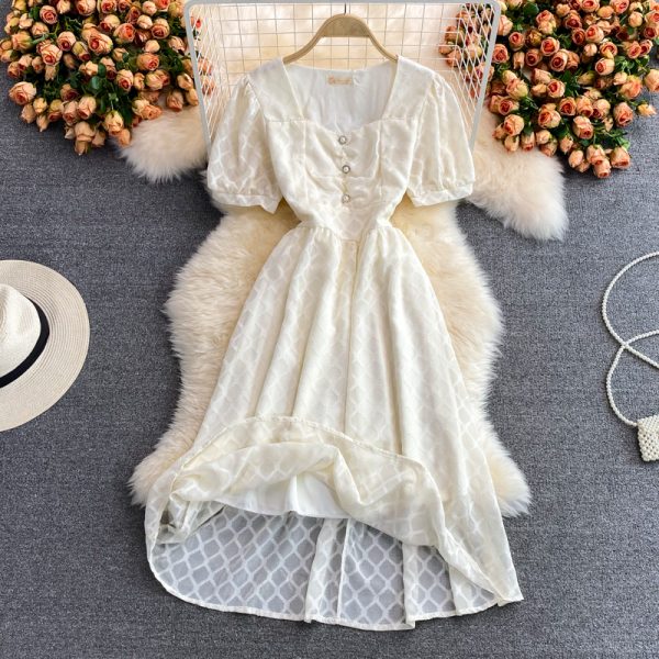 French square neck dress women summer new style European goods temperament waist puff sleeve mid-length skirt short sleeves - Image 5