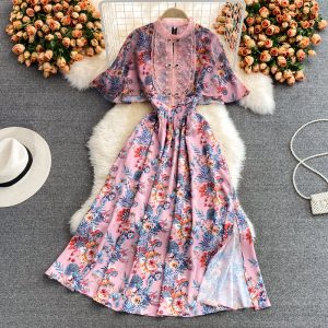 Summer Shawl Improved Cheongsam Western Style Chiffon Floral Dress Vintage Buckle Summer Figure Flattering Wide Hem Long Dress