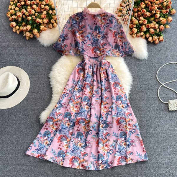 Summer Shawl Improved Cheongsam Western Style Chiffon Floral Dress Vintage Buckle Summer Figure Flattering Wide Hem Long Dress - Image 5