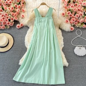 New Lightly Mature Loose Big Hem Strap Long Dress French First Love Summer Seaside Vacation Backless Dress Women