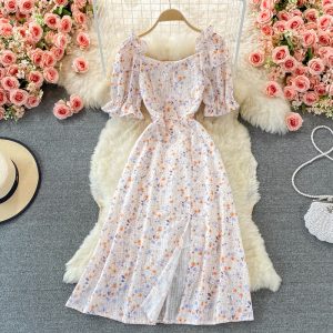 Summer New French Style Temperament Square Collar Mid-Length Tight Waist Bubble Sleeve Split Floral Chiffon Dress for Women
