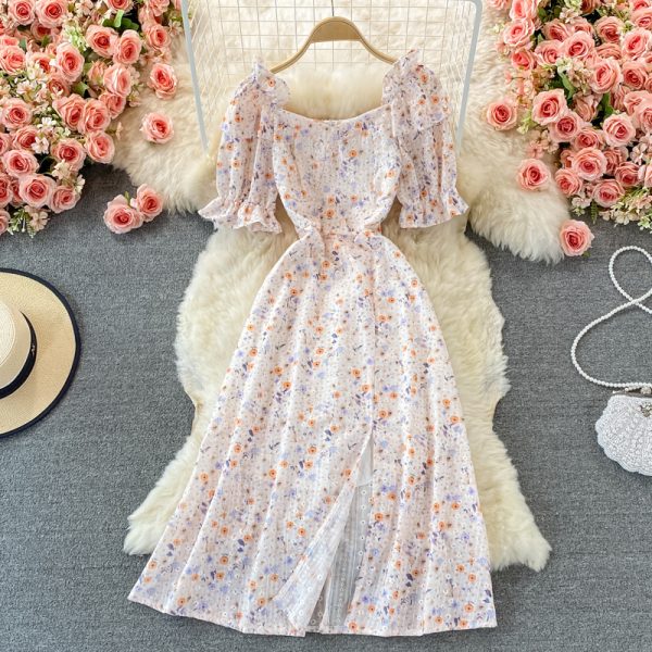 Summer New French Style Temperament Square Collar Mid-Length Tight Waist Bubble Sleeve Split Floral Chiffon Dress for Women
