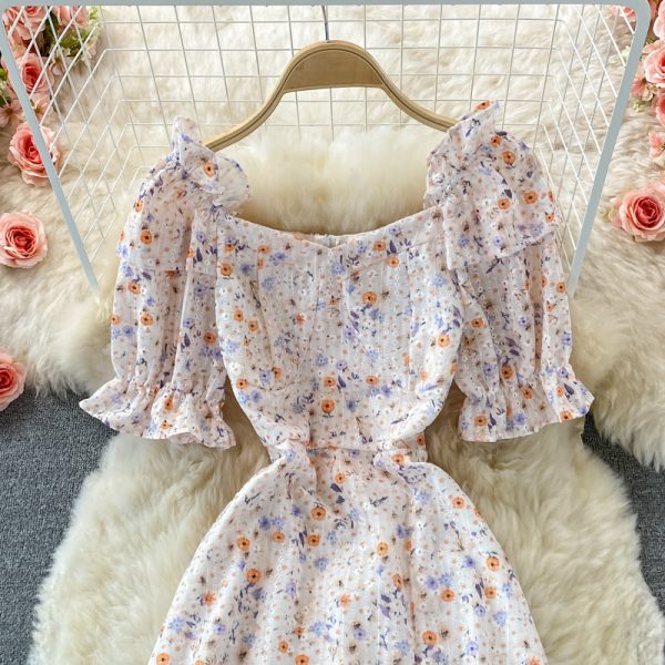 Summer New French Style Temperament Square Collar Mid-Length Tight Waist Bubble Sleeve Split Floral Chiffon Dress for Women - Image 3