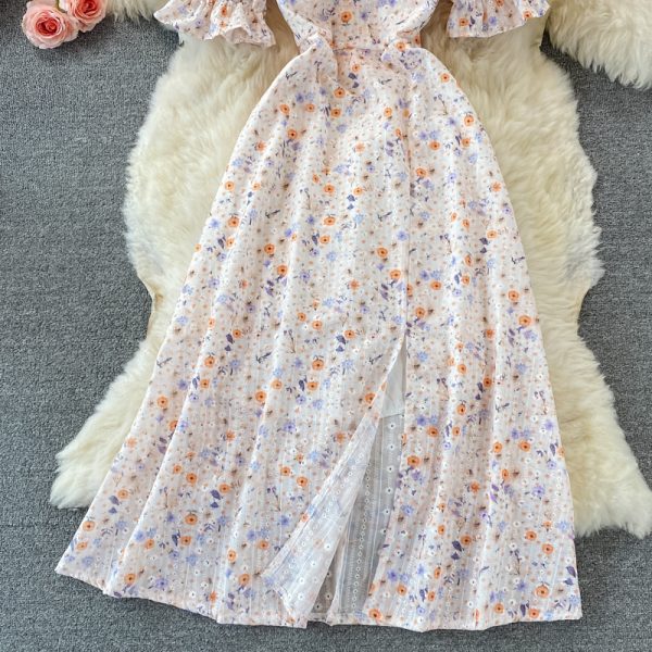 Summer New French Style Temperament Square Collar Mid-Length Tight Waist Bubble Sleeve Split Floral Chiffon Dress for Women - Image 4