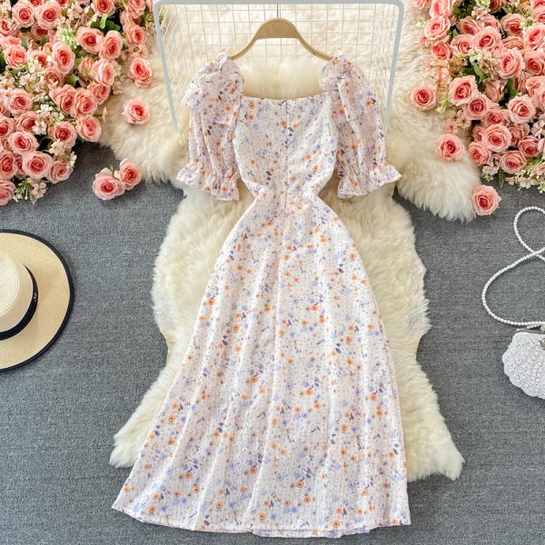 Summer New French Style Temperament Square Collar Mid-Length Tight Waist Bubble Sleeve Split Floral Chiffon Dress for Women - Image 5