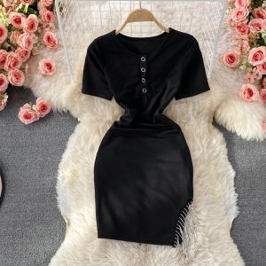 summer New round Neck Slim-Fit Stretch High Waist Short Sleeve Dress for Women Sexy Tassel Skinny Hip Skirt
