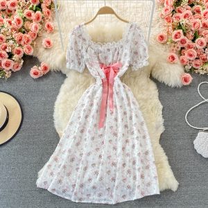Summer New Women’s Gentle French First Love Sweet Pink Floral Chiffon Puff Sleeve Square Collar Dress