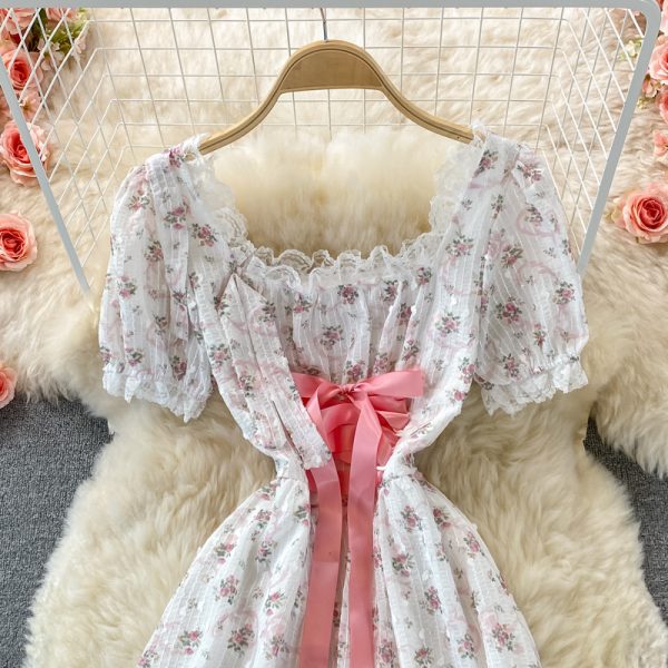 Summer New Women’s Gentle French First Love Sweet Pink Floral Chiffon Puff Sleeve Square Collar Dress - Image 3