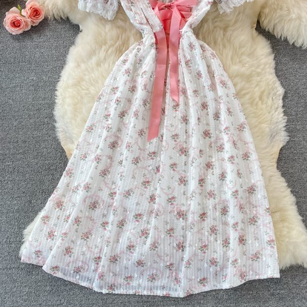 Summer New Women’s Gentle French First Love Sweet Pink Floral Chiffon Puff Sleeve Square Collar Dress - Image 4