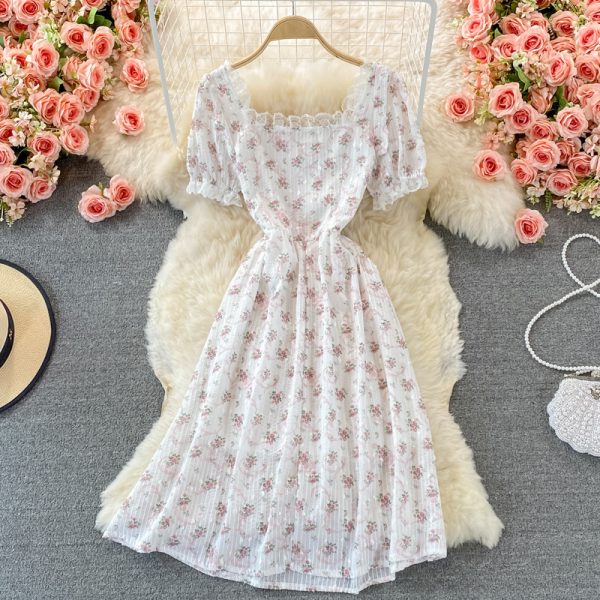 Summer New Women’s Gentle French First Love Sweet Pink Floral Chiffon Puff Sleeve Square Collar Dress - Image 5
