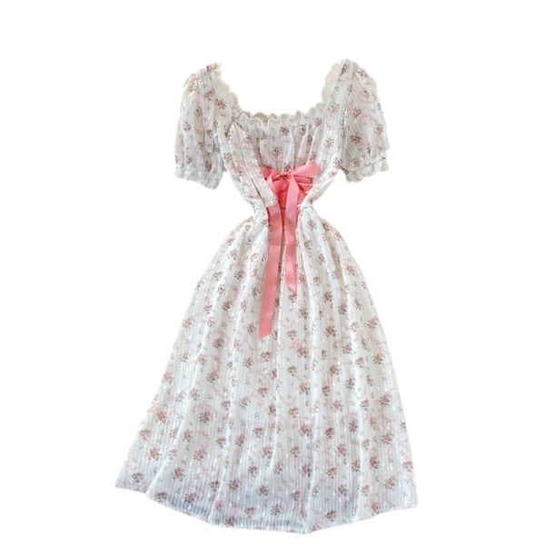 Summer New Women’s Gentle French First Love Sweet Pink Floral Chiffon Puff Sleeve Square Collar Dress - Image 6