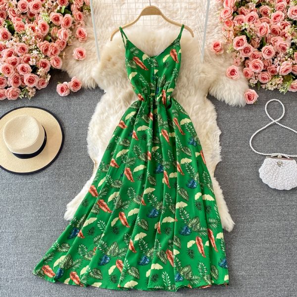 Seaside Beach Vacation Skirt Summer New Floral Slip Dress Waist Slimming Printed V-neck Large Swing Dress