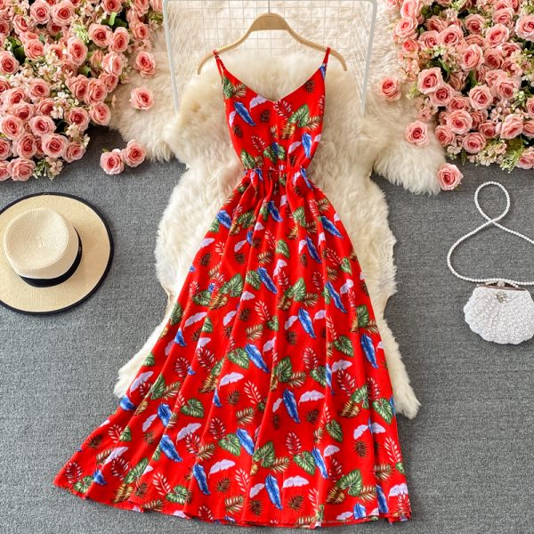 Seaside Beach Vacation Skirt Summer New Floral Slip Dress Waist Slimming Printed V-neck Large Swing Dress - Image 3