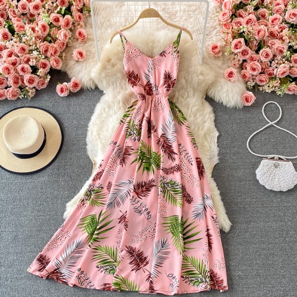 Seaside Beach Vacation Skirt Summer New Floral Slip Dress Waist Slimming Printed V-neck Large Swing Dress - Image 4