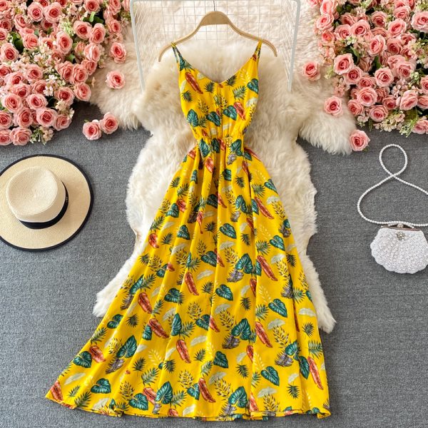 Seaside Beach Vacation Skirt Summer New Floral Slip Dress Waist Slimming Printed V-neck Large Swing Dress - Image 5