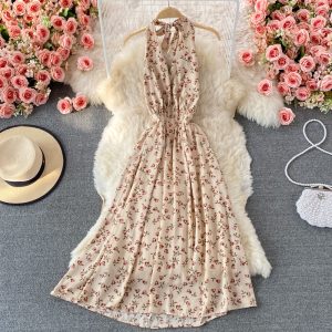 Summer New Korean Style V-neck Halter Printed Floral Skirt Women’s Mid-Length Temperament Waist-Controlled Backless Dress