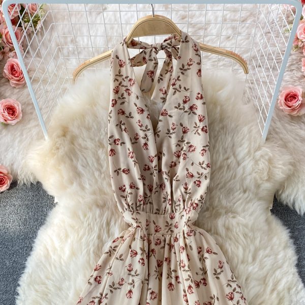 Summer New Korean Style V-neck Halter Printed Floral Skirt Women’s Mid-Length Temperament Waist-Controlled Backless Dress - Image 3