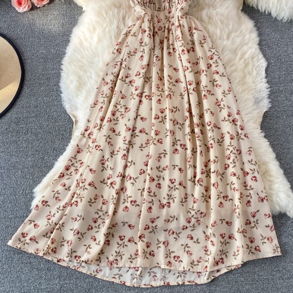 Summer New Korean Style V-neck Halter Printed Floral Skirt Women’s Mid-Length Temperament Waist-Controlled Backless Dress - Image 4