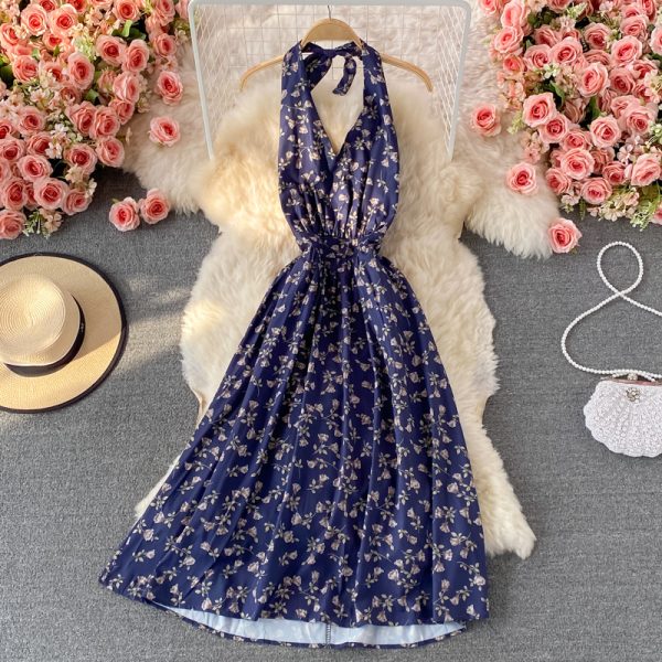Summer New Korean Style V-neck Halter Printed Floral Skirt Women’s Mid-Length Temperament Waist-Controlled Backless Dress - Image 5