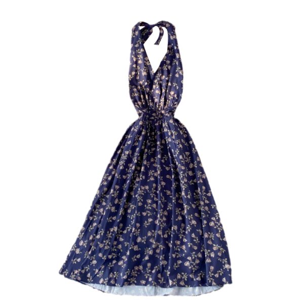 Summer New Korean Style V-neck Halter Printed Floral Skirt Women’s Mid-Length Temperament Waist-Controlled Backless Dress - Image 6