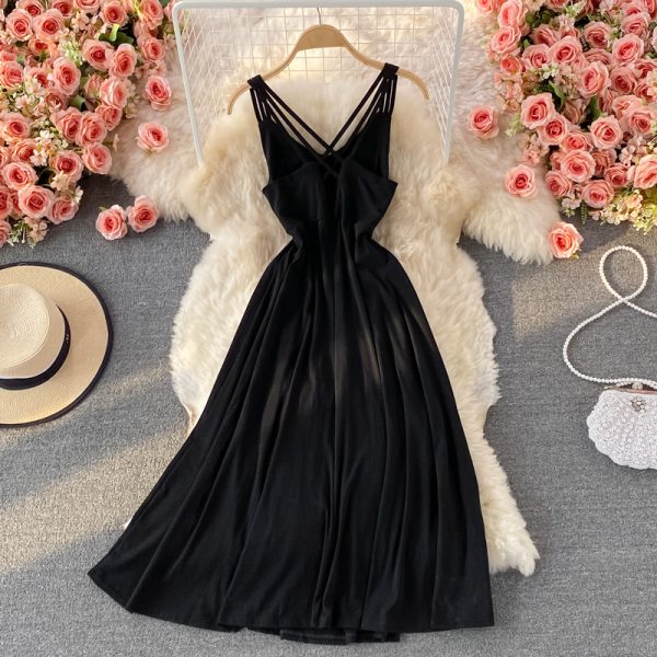 Seaside Vacation Travel Sexy Backless Slit Large Swing Dress Super Fairy Waist Trimming Slimming V-Neckline Strap Dress Summer - Image 5